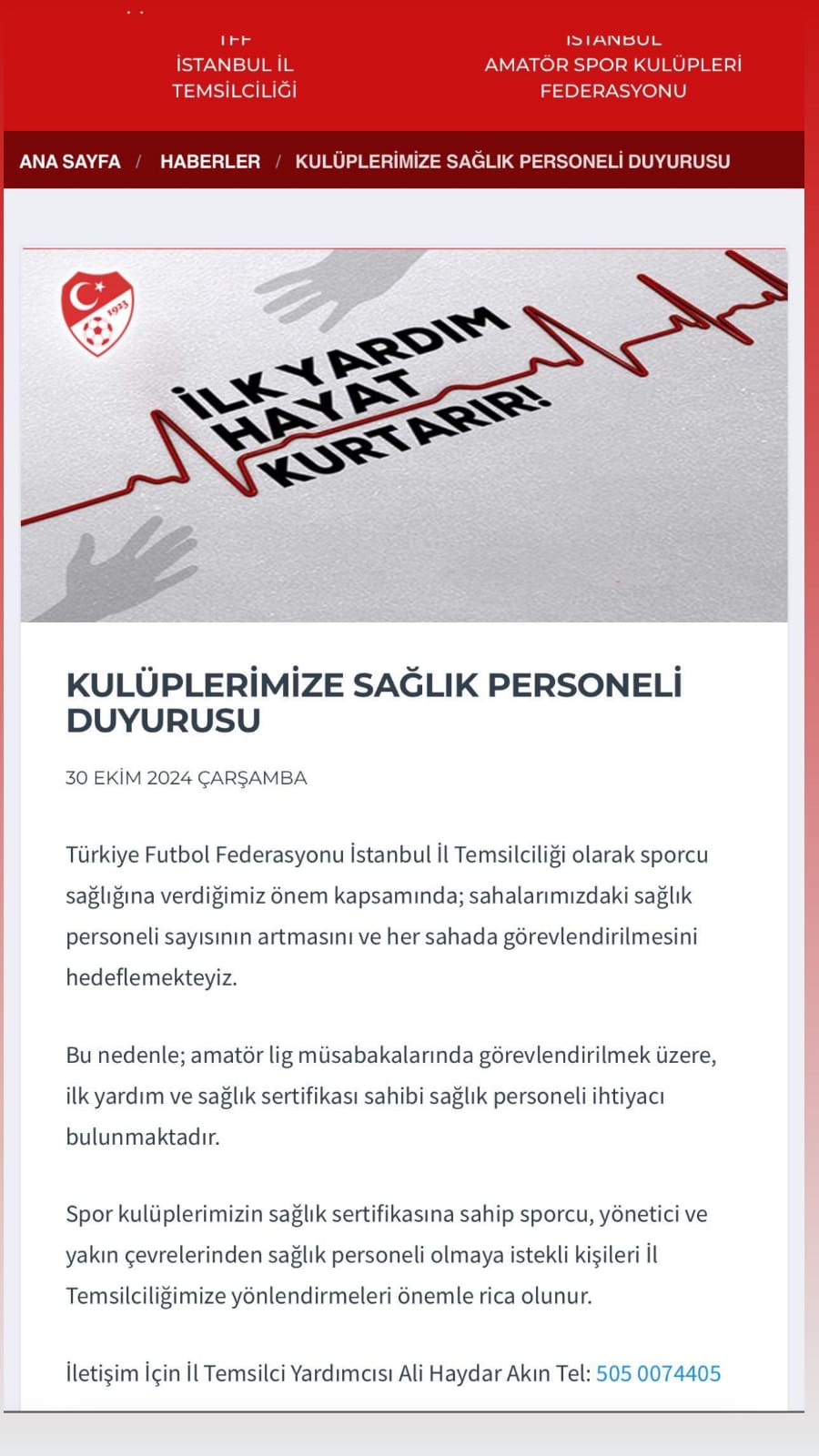 İstanbul İl Temsilciliğinden sağlık personeli duyurusu
